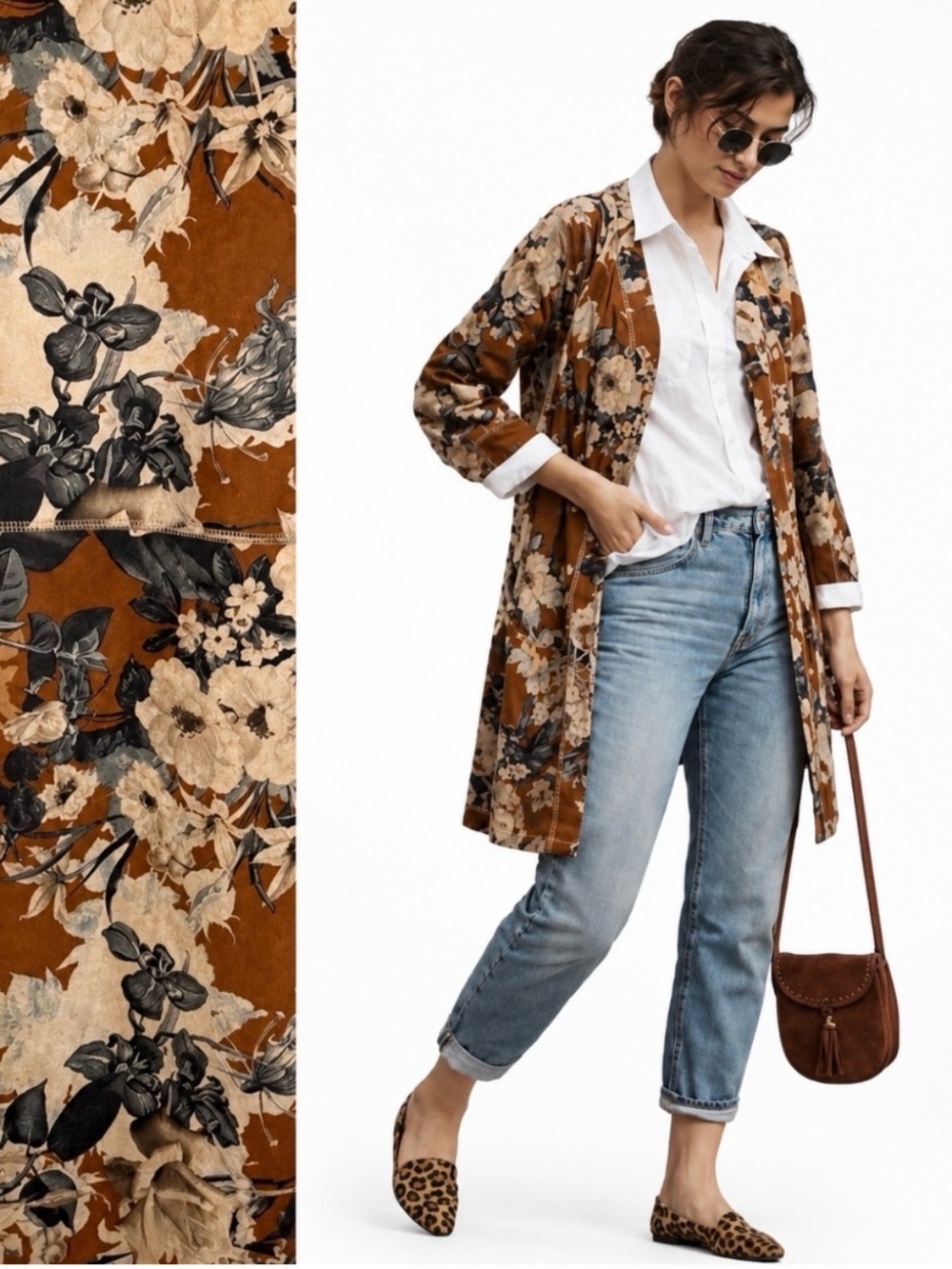 Solitaire Anthropologie Floral Faux Suede Duster Jacket Brown S